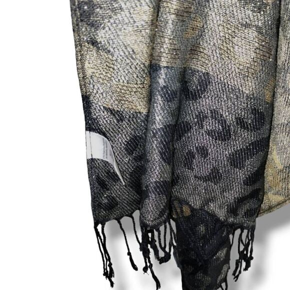 Scarf Wrap Animal Print Gold Metallic Black Cheetah Gray Brown 36x72 - Picture 4 of 14